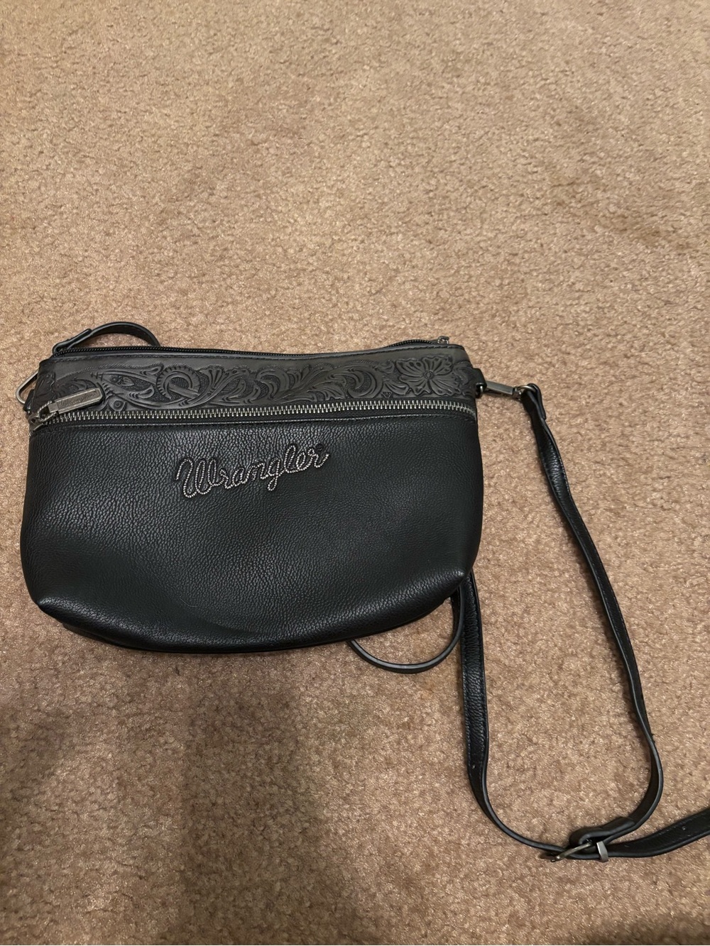 Wrangler Western Tooled Crossbody Purse Clutch Bag Black Vegan Leather